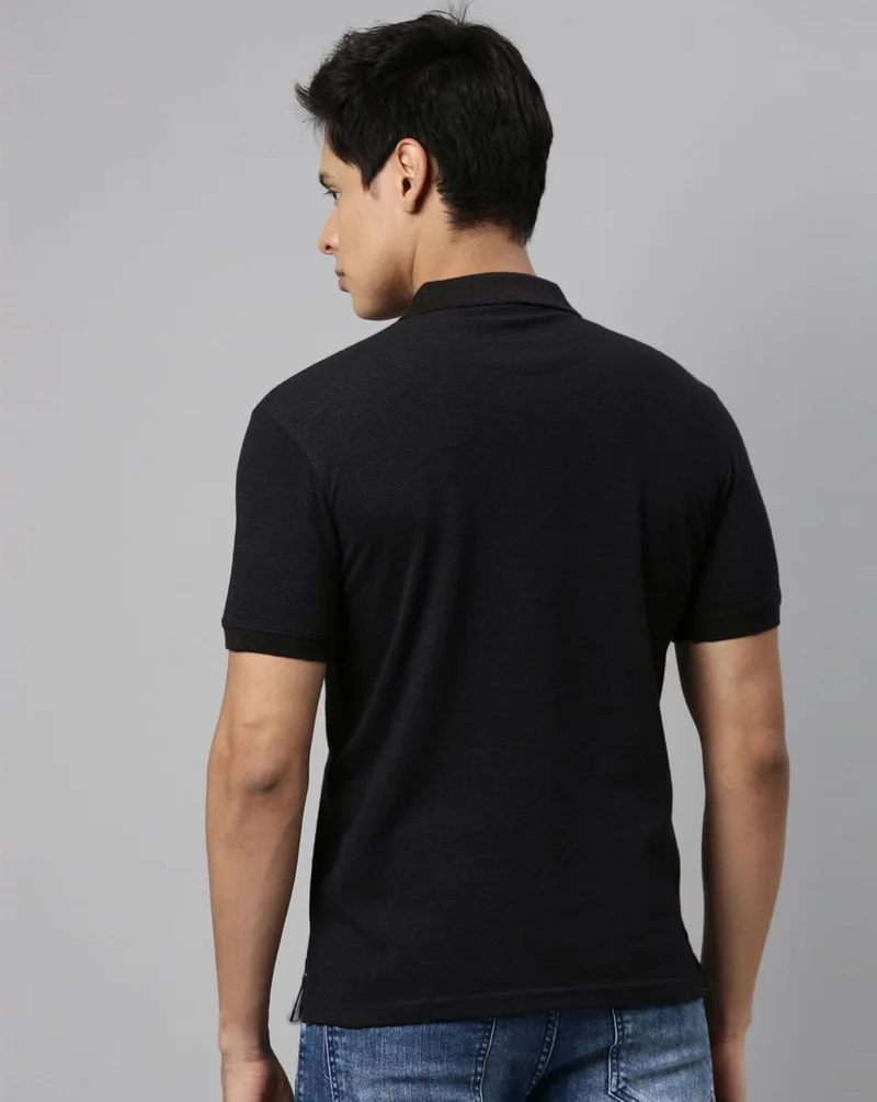 Joven Men Jet Black Solid Polo Collar Pure Cotton T-Shirt